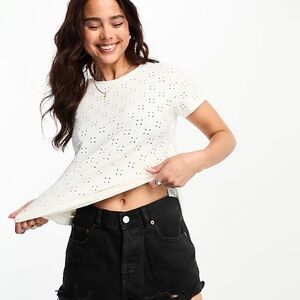 Cream and Tan Eyelet Crop Top with Short Sleeves NWT